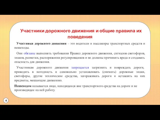 Участники дорожного движения и общие правила их поведения Участники дорожного