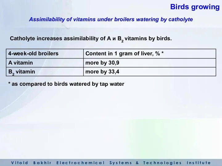 Catholyte increases assimilability of А и В2 vitamins by birds.