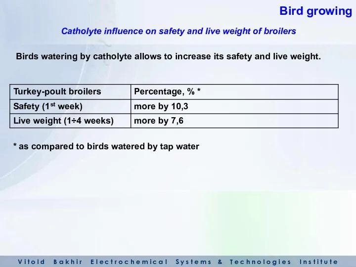Birds watering by catholyte allows to increase its safety and live weight. *