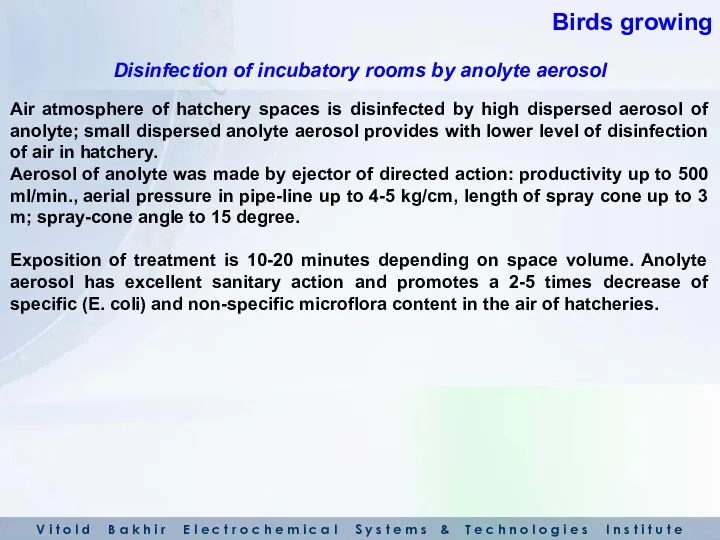 Air atmosphere of hatchery spaces is disinfected by high dispersed aerosol of anolyte;