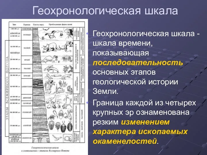 Геохронологическая шкала Геохронологическая шкала - шкала времени, показывающая последовательность основных