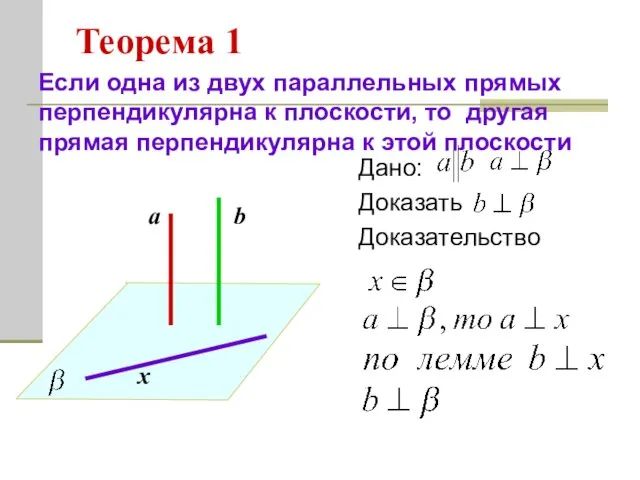 Теорема 1 Дано: Доказать Доказательство Если одна из двух параллельных