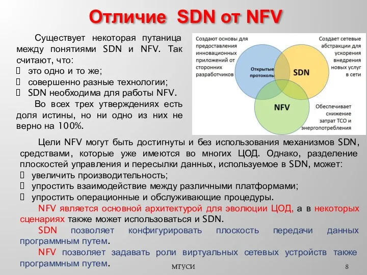 МТУСИ Существует некоторая путаница между понятиями SDN и NFV. Так