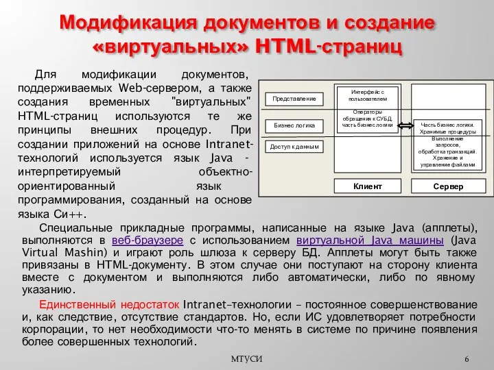 Модификация документов и создание «виртуальных» HTML-страниц МТУСИ Специальные прикладные программы, написанные на языке