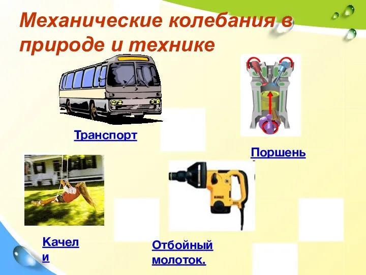 Механические колебания в природе и технике Отбойный молоток. Транспорт Поршень Качели