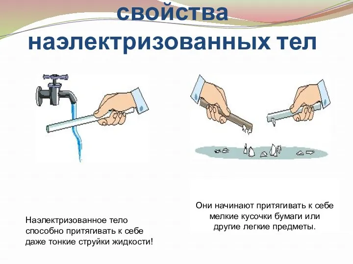 свойства наэлектризованных тел Наэлектризованное тело способно притягивать к себе даже тонкие струйки жидкости!