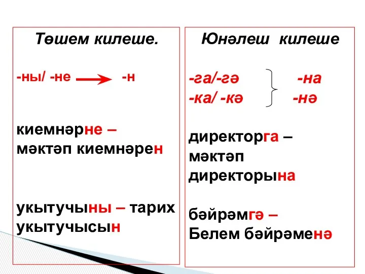 Төшем килеше. -ны/ -не -н киемнәрне – мәктәп киемнәрен укытучыны