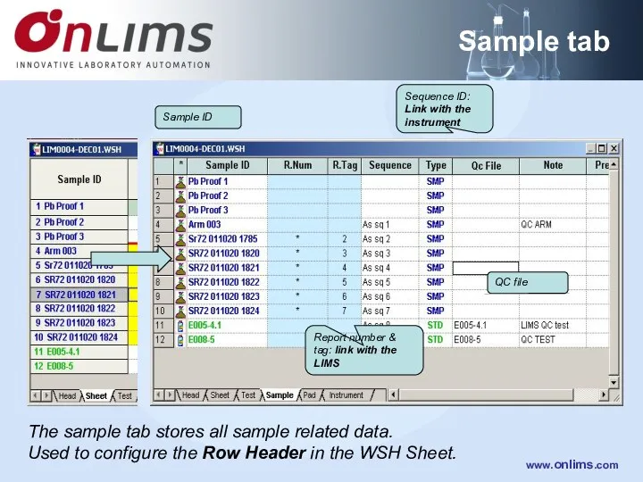 Sample tab The sample tab stores all sample related data.