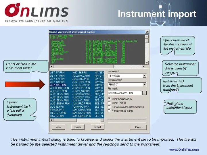 Instrument import Quick preview of the the contents of the