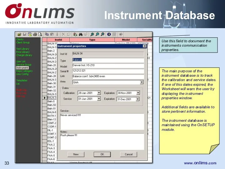 Instrument Database The main purpose of the instrument database is