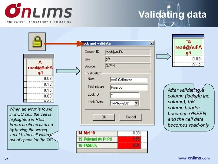 Validating data After validating a column (locking the column), the