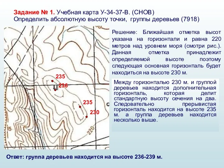 Задание № 1. Учебная карта У-34-37-В. (СНОВ) Определить абсолютную высоту точки, группы деревьев
