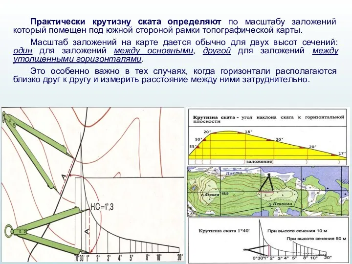 Практически крутизну ската определяют по масштабу заложений который помещен под