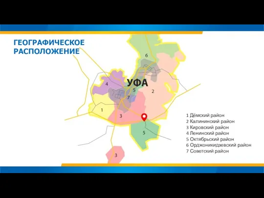 ГЕОГРАФИЧЕСКОЕ РАСПОЛОЖЕНИЕ 1 Дёмский район 2 Калининский район 3 Кировский