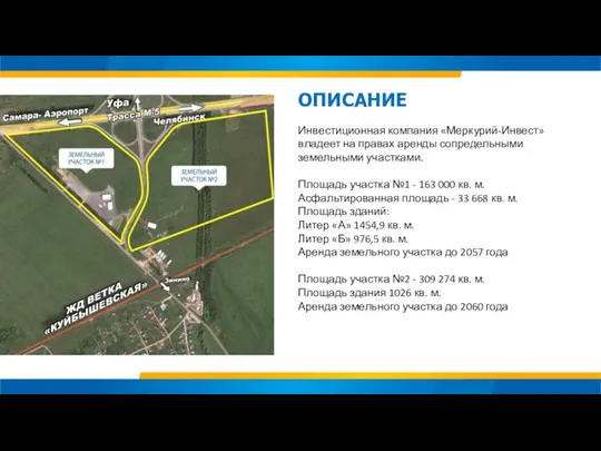 ОПИСАНИЕ Инвестиционная компания «Меркурий-Инвест» владеет на правах аренды сопредельными земельными