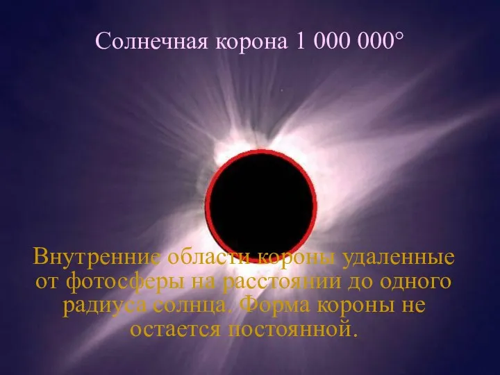 Солнечная корона 1 000 000° Внутренние области короны удаленные от