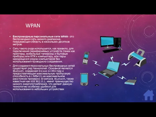 WPAN Беспроводные персональные сети WPAN - это беспроводная сеть низкого