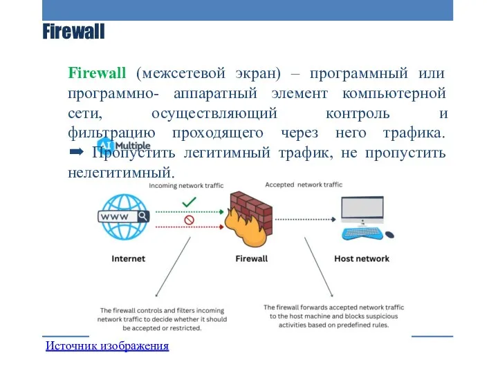 Firewall Firewall (межсетевой экран) – программный или программно- аппаратный элемент компьютерной сети, осуществляющий