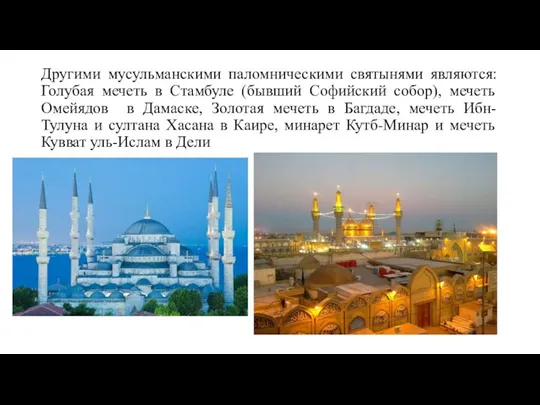 Другими мусульманскими паломническими святынями являются: Голубая мечеть в Стамбуле (бывший