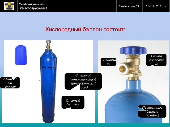 Вентиль Паспортные данные (Клеймо) Резьба горловины Стальной цельнотянутый цилиндрический сосуд