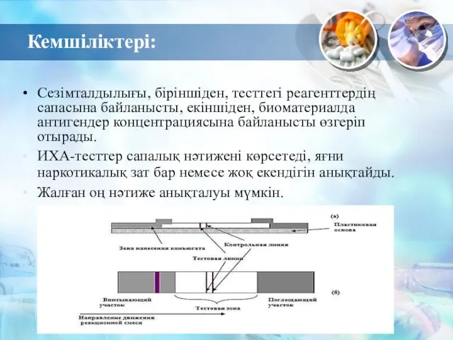 Кемшіліктері: Сезімталдылығы, біріншіден, тесттегі реагенттердің сапасына байланысты, екіншіден, биоматериалда антигендер