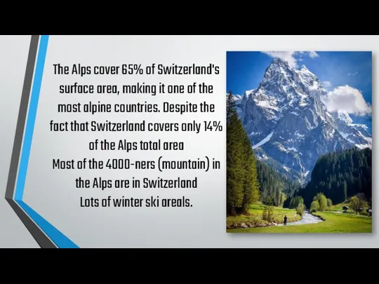 The Alps cover 65% of Switzerland's surface area, making it