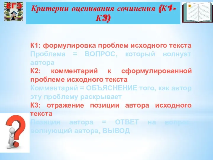 Критерии оценивания сочинения (К1-К3) К1: формулировка проблем исходного текста Проблема