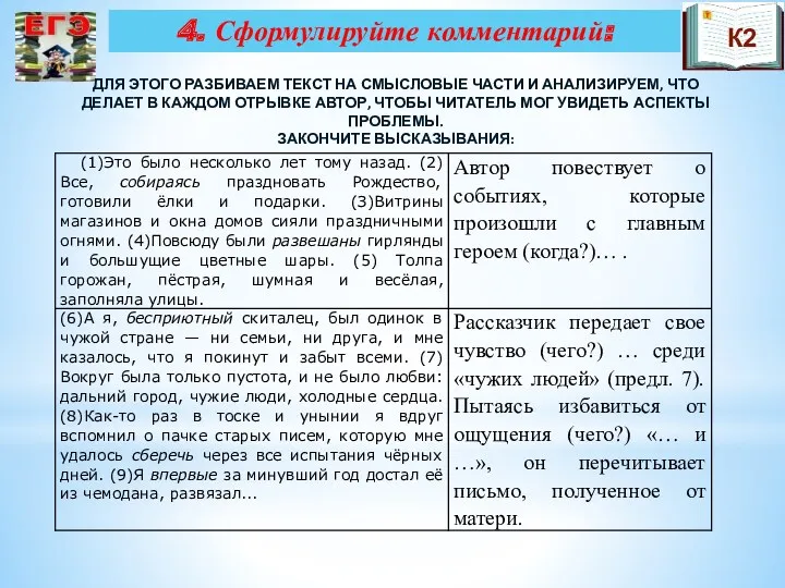 4. Сформулируйте комментарий: К2 ДЛЯ ЭТОГО РАЗБИВАЕМ ТЕКСТ НА СМЫСЛОВЫЕ