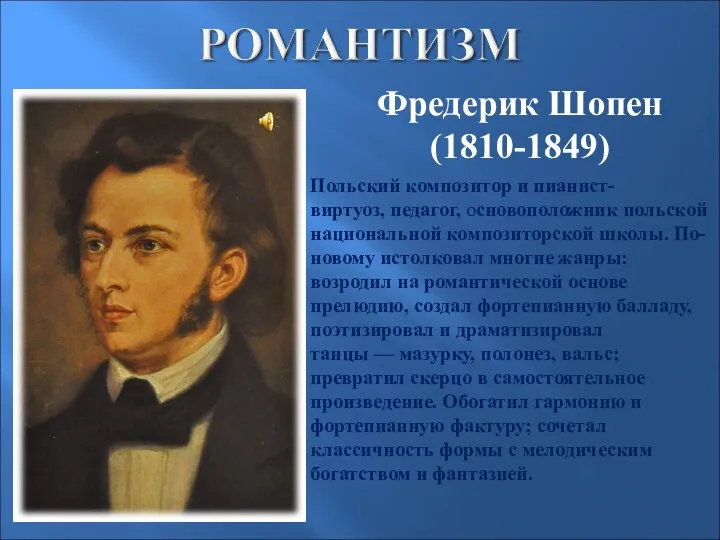 Фредерик Шопен (1810-1849) Польский композитор и пианист-виртуоз, педагог, основоположник польской