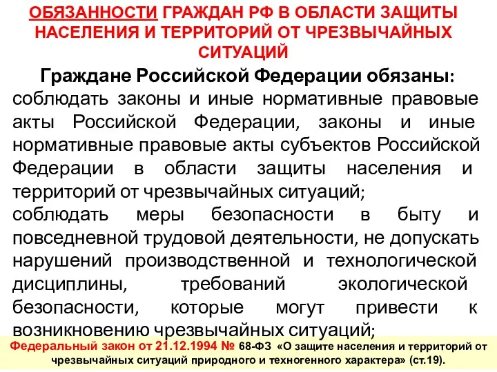 ОБЯЗАННОСТИ ГРАЖДАН РФ В ОБЛАСТИ ЗАЩИТЫ НАСЕЛЕНИЯ И ТЕРРИТОРИЙ ОТ