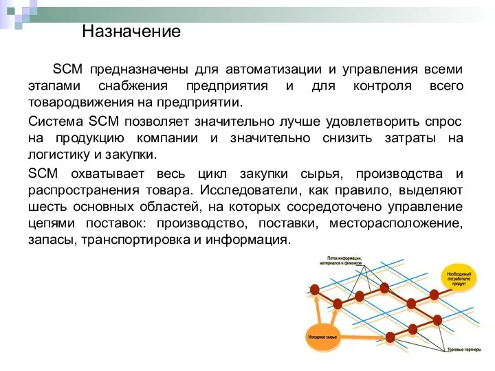 Назначение SCM предназначены для автоматизации и управления всеми этапами снабжения