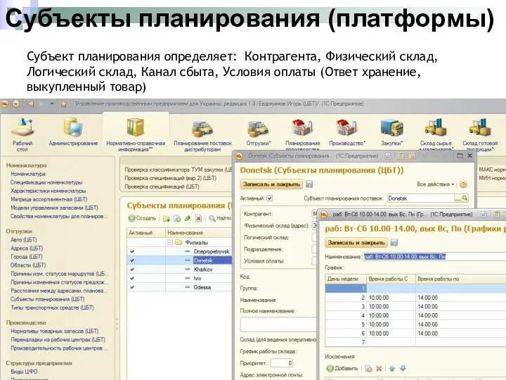 Субъекты планирования (платформы) Субъект планирования определяет: Контрагента, Физический склад, Логический