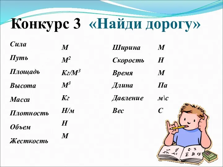 Конкурс 3 «Найди дорогу» Сила Путь Площадь Высота Масса Плотность