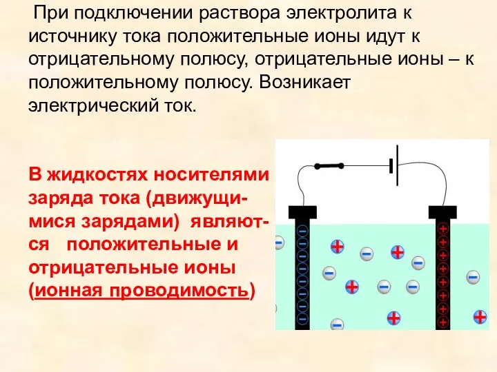 При подключении раствора электролита к источнику тока положительные ионы идут