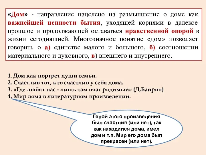 «Дом» - направление нацелено на размышление о доме как важнейшей