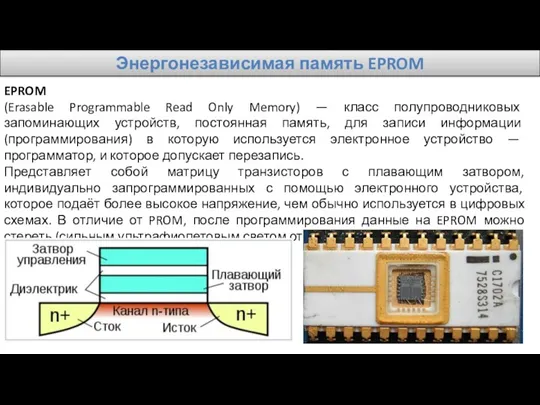 Энергонезависимая память EPROM EPROM (Erasable Programmable Read Only Memory) — класс полупроводниковых запоминающих