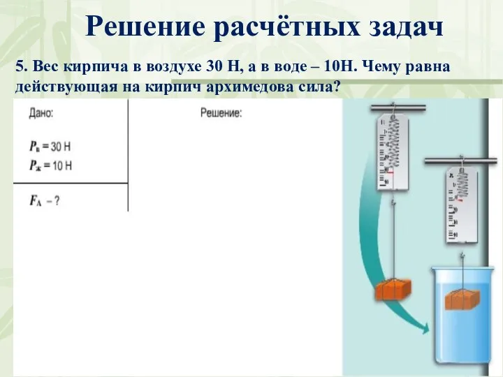 Решение расчётных задач 5. Вес кирпича в воздухе 30 Н,