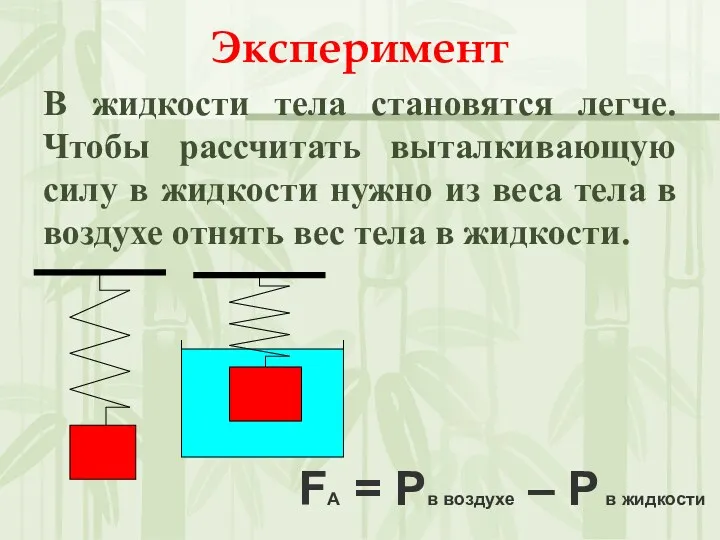 Эксперимент В жидкости тела становятся легче. Чтобы рассчитать выталкивающую силу