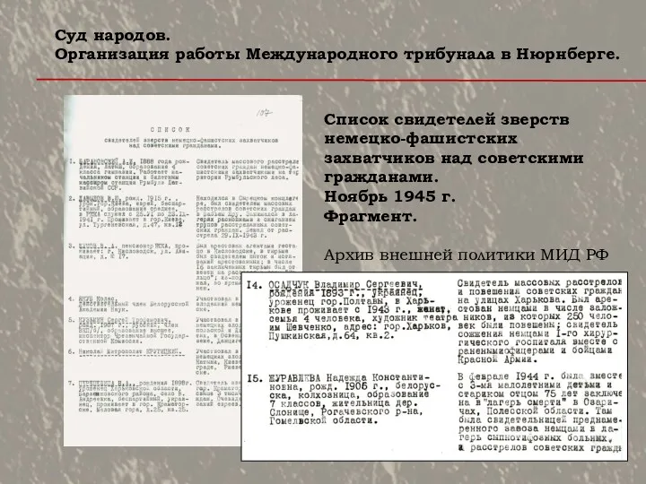 Список свидетелей зверств немецко-фашистских захватчиков над советскими гражданами. Ноябрь 1945