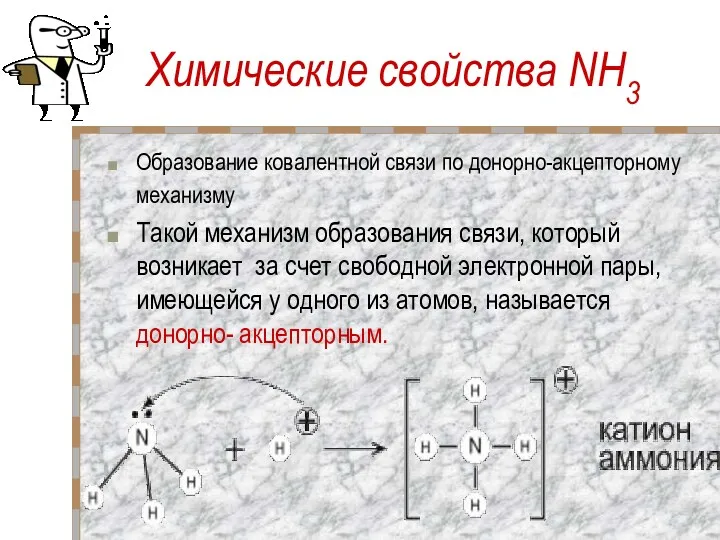 Химические свойства NH3 Образование ковалентной связи по донорно-акцепторному механизму Такой