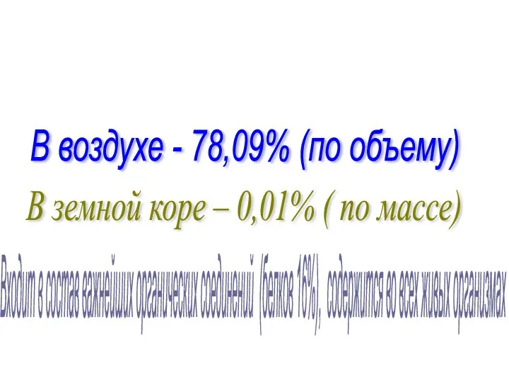 Нахождение в природе: В воздухе - 78,09% (по объему) В