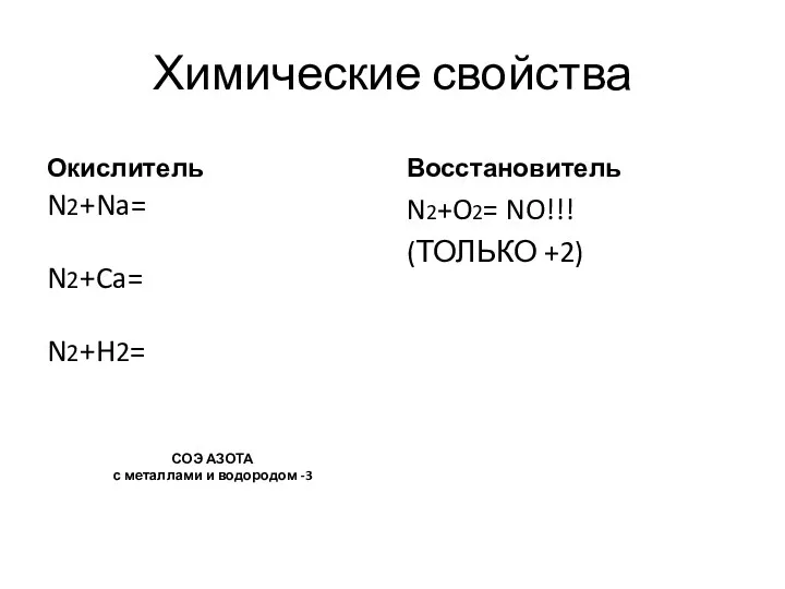 Химические свойства Окислитель N2+Na= N2+Ca= N2+H2= СОЭ АЗОТА с металлами