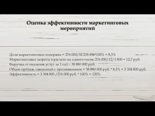 Оценка эффективности маркетинговых мероприятий Доля маркетинговых издержек = 276 000/32