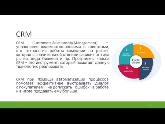 CRM CRM (Customers Relationship Management) − управление взаимоотношениями с клиентами,