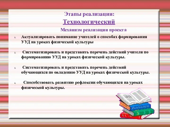 Технологический Этапы реализации: Механизм реализации проекта Актуализировать понимание учителей о