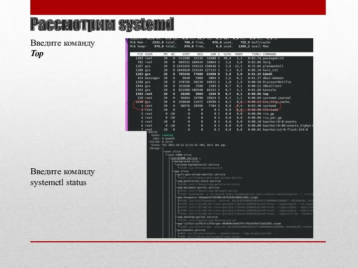 Рассмотрим systemd Введите команду Top Введите команду systemctl status