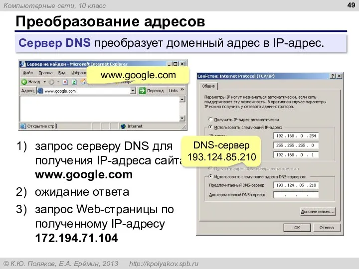 Преобразование адресов Сервер DNS преобразует доменный адрес в IP-адрес. www.google.com