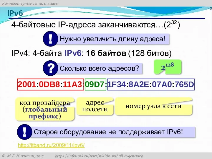 IPv6 4-байтовые IP-адреса заканчиваются…(232) IPv4: 4-байта IPv6: 16 байтов (128