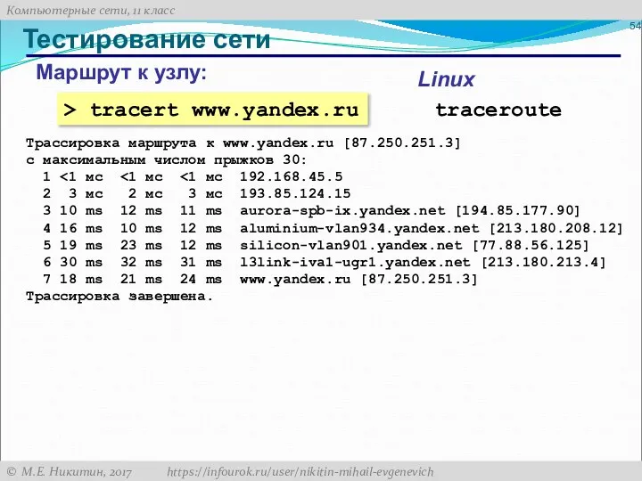 Тестирование сети Маршрут к узлу: > tracert www.yandex.ru traceroute Linux