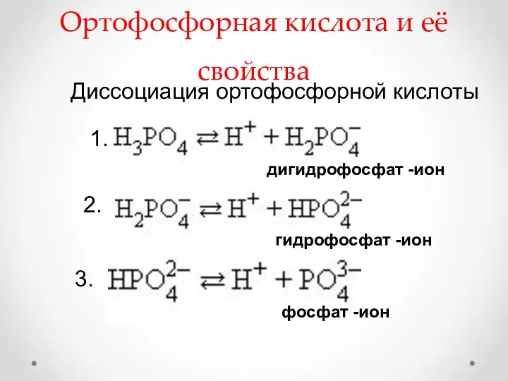 Ортофосфорная кислота и её свойства 1. 2. 3. дигидрофосфат -ион